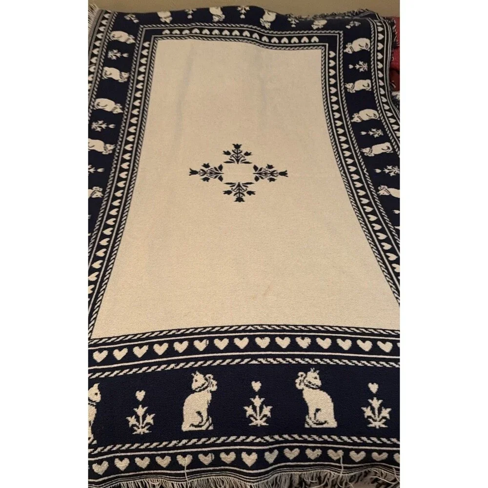 Vtg Cat Throw Blanket Woven Cotton Blue Cream Heart Reversible Grandmacore 45x66